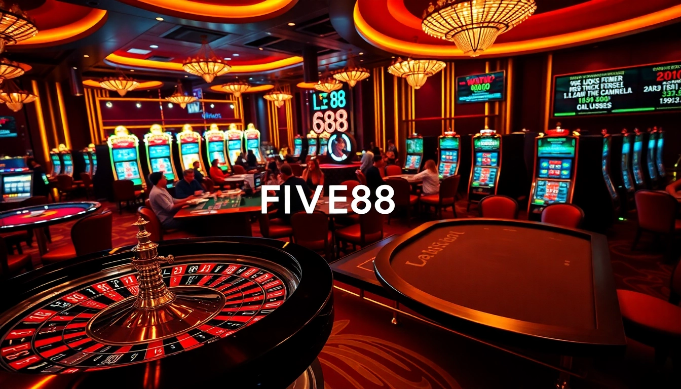 Engaging players enjoy high-stakes poker at FIVE88, surrounded by vibrant casino elements.