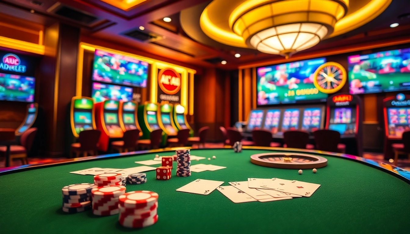 Engaging scene of an online đá gà bj38 gambling experience with vibrant casino elements.