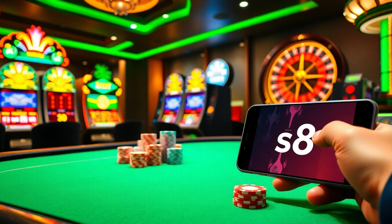 Join the excitement of s8 with vibrant casino scenes featuring poker tables and lively slot machines.