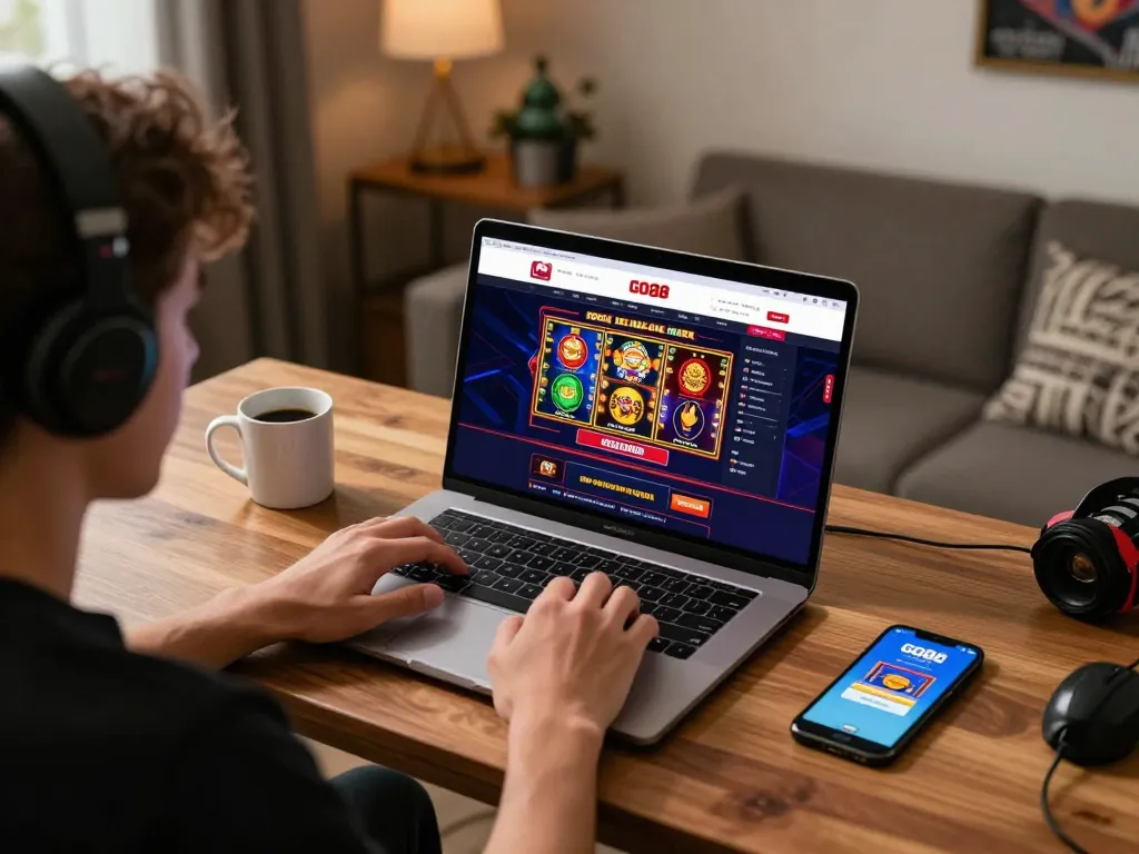 Engaging with the GO88 online casino on a laptop, showcasing a vibrant and playful gaming atmosphere.