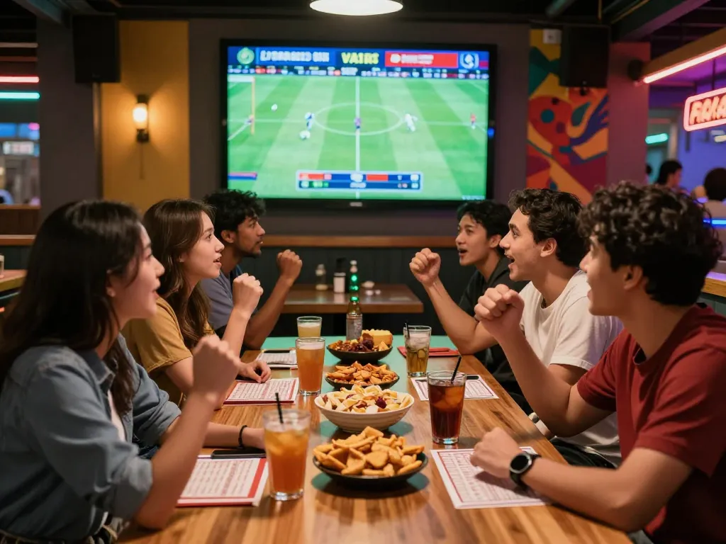 Friends engaging in Judi Bola betting while watching a football match in a sports bar, emphasizing excitement and camaraderie.