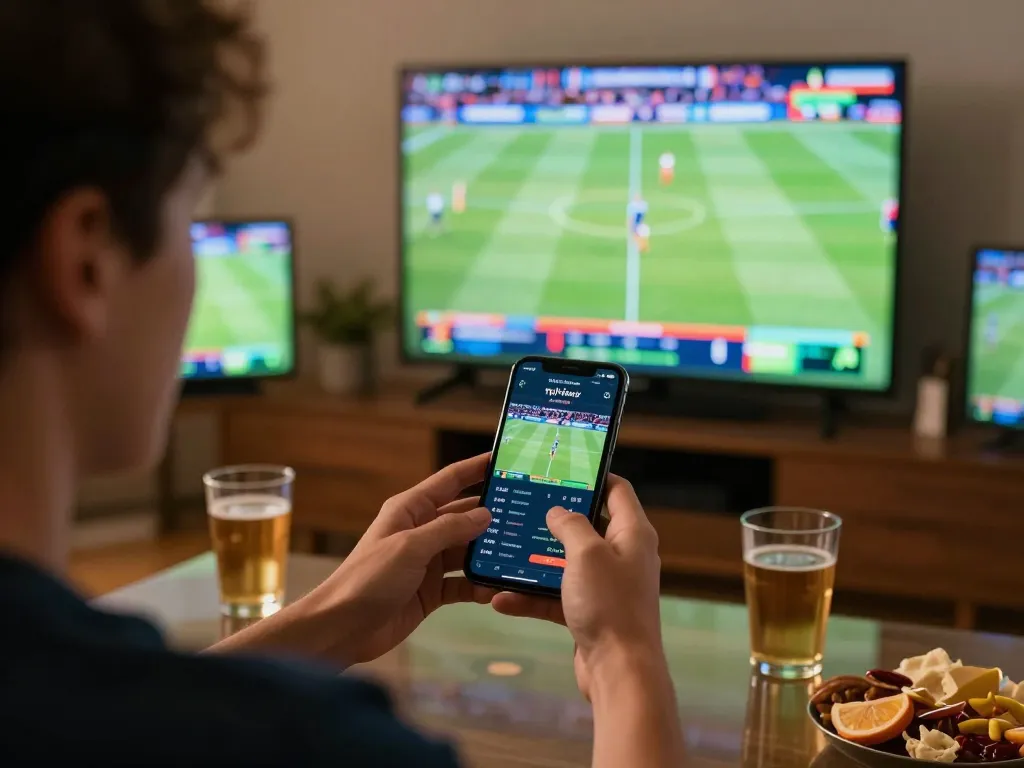 Engaged sports bettor reviewing tỷ lệ nhà cái live on mobile app during an exciting game night