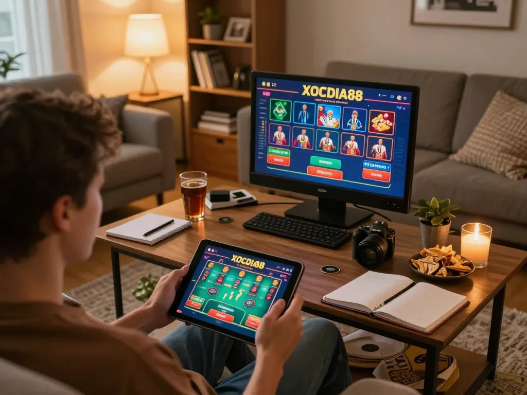 Engaging in online gaming on XOCDIA88 with a tablet in a cozy home setting.