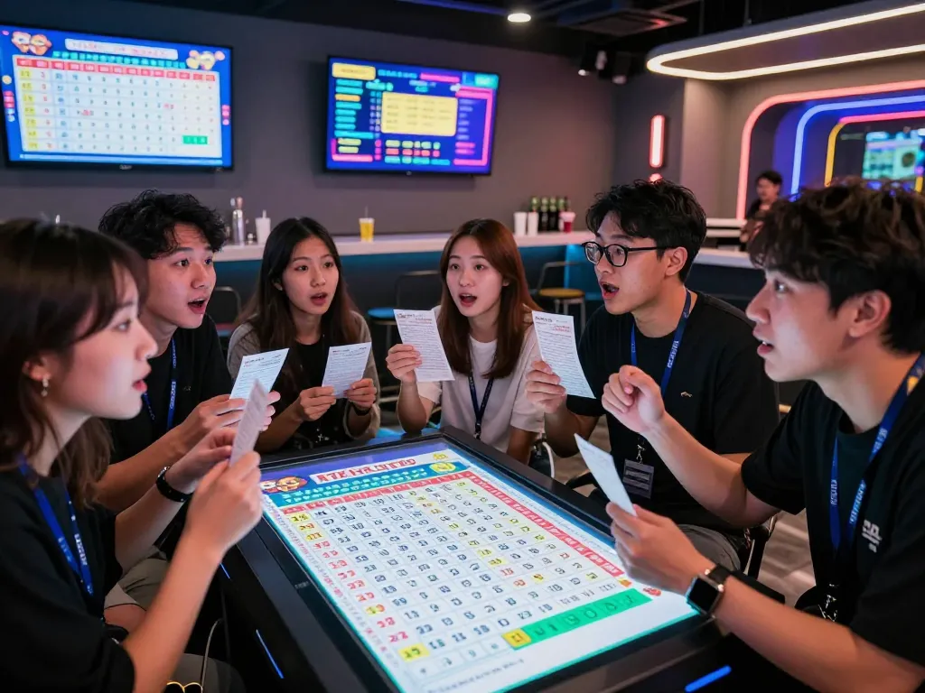 Pemain yang bersemangat menyaksikan hasil undian HK Lotto secara langsung di ruang permainan yang meriah.