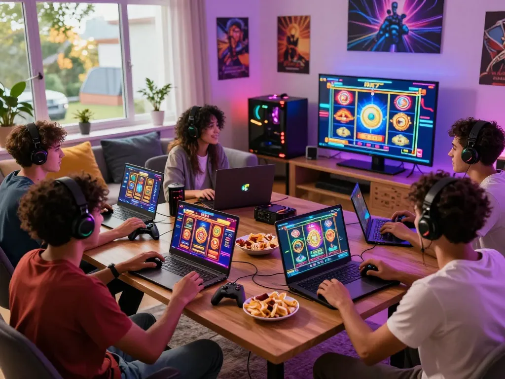 Exciting group gaming session featuring dk7 slot action, colorful lights, and modern gaming setup.