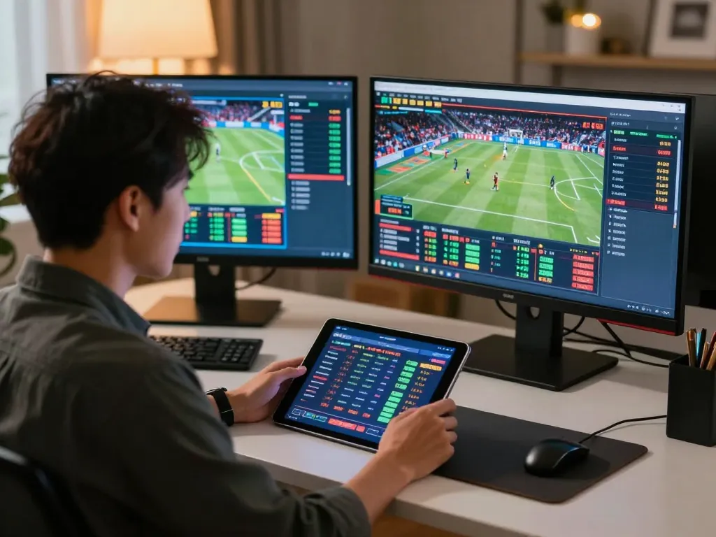 Individual strategizing sports betting using a digital app in a modern home setup, focusing on kèo nhà cái.