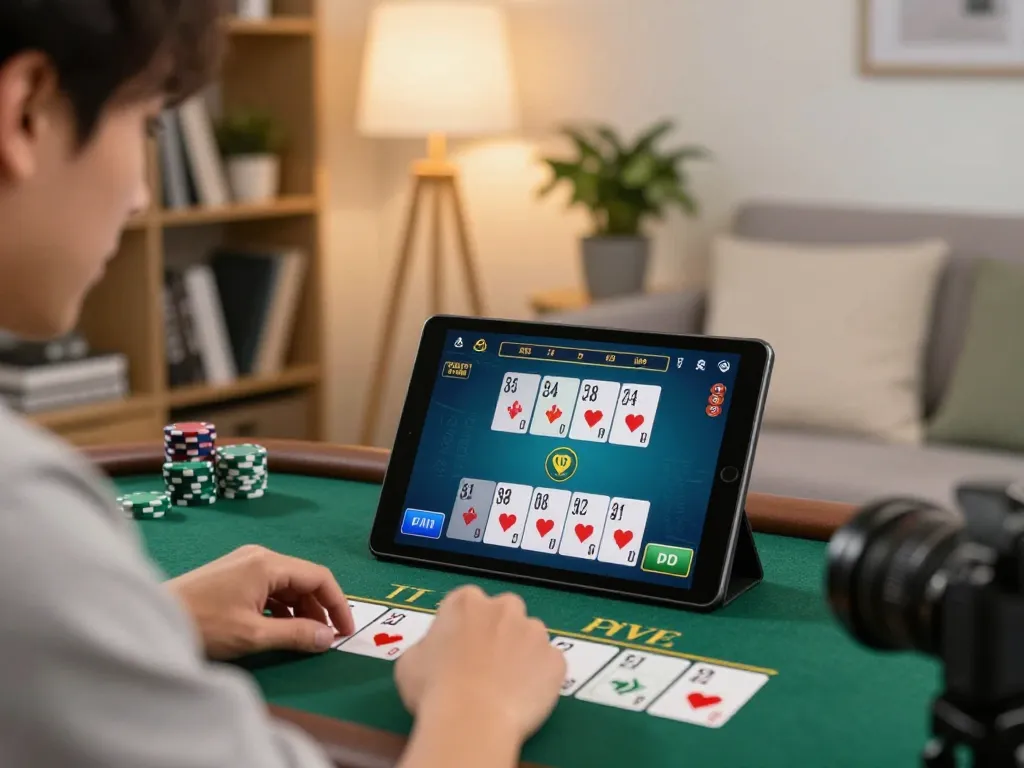 Engaged user playing may88sss blackjack on tablet at home with cozy atmosphere