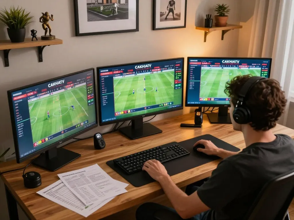 Dynamic scene of an enthusiastic bettor tracking CAKHIATV football matches and odds at home, emphasizing strategic gaming.