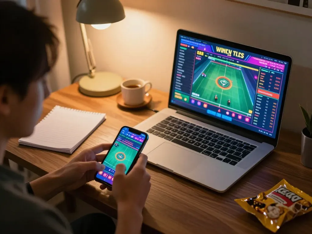 Player reviews strategic betting options while engaging with Nhà cái ko66 on smartphone and laptop during a cozy home gaming session