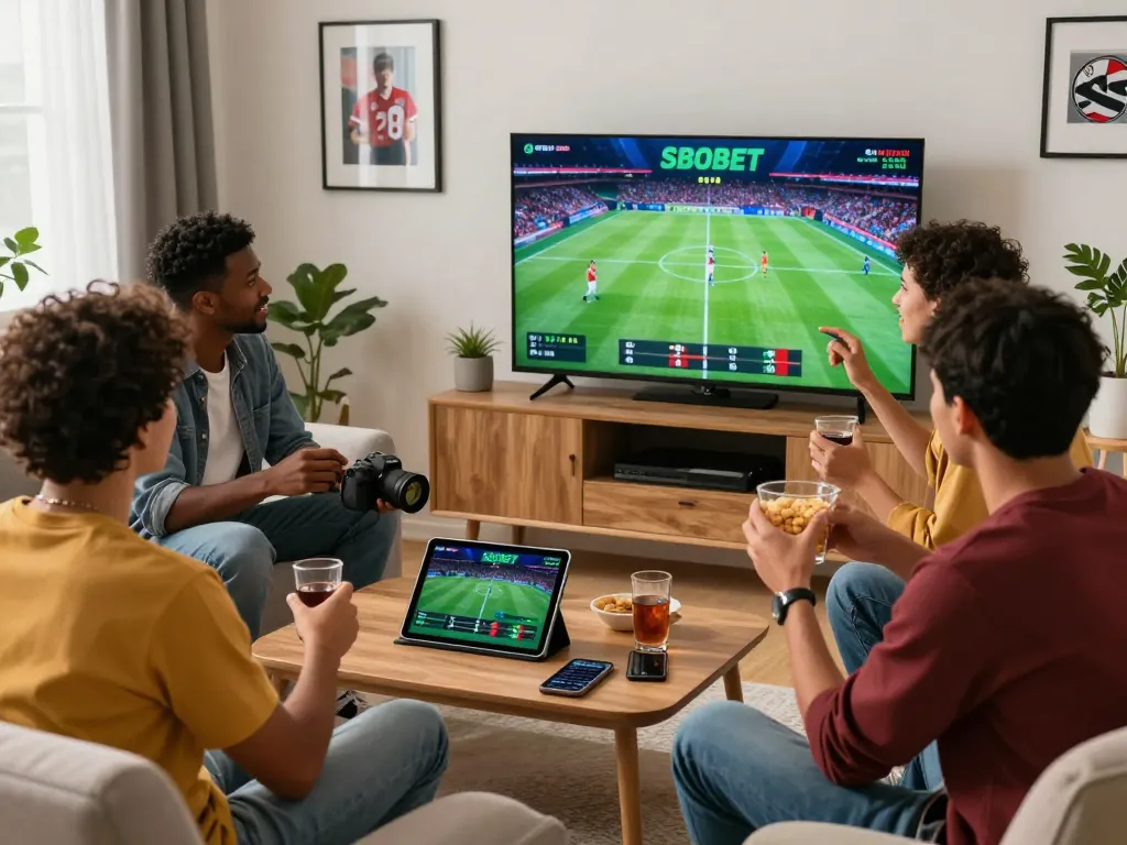 Friends placing bets on SBOBET in a lively home setting during a sports event, capturing the excitement of live betting.