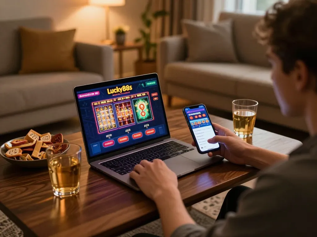 Player engaged in lucky88s online slots game on laptop during cozy home evening