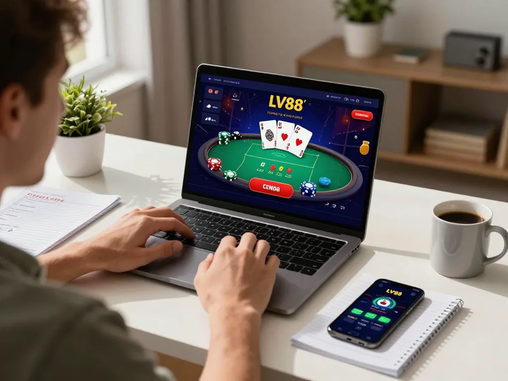 Player strategizing for LV88 online poker game on laptop in a cozy home setting.
