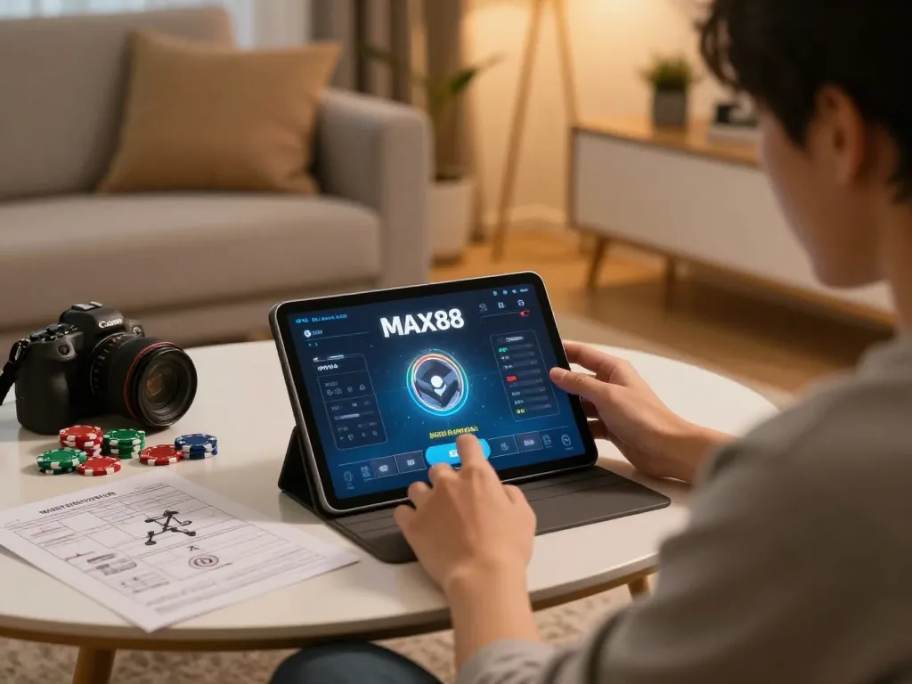 Max88 online gaming scene with player focused on casino tablet interface in comfortable home setting