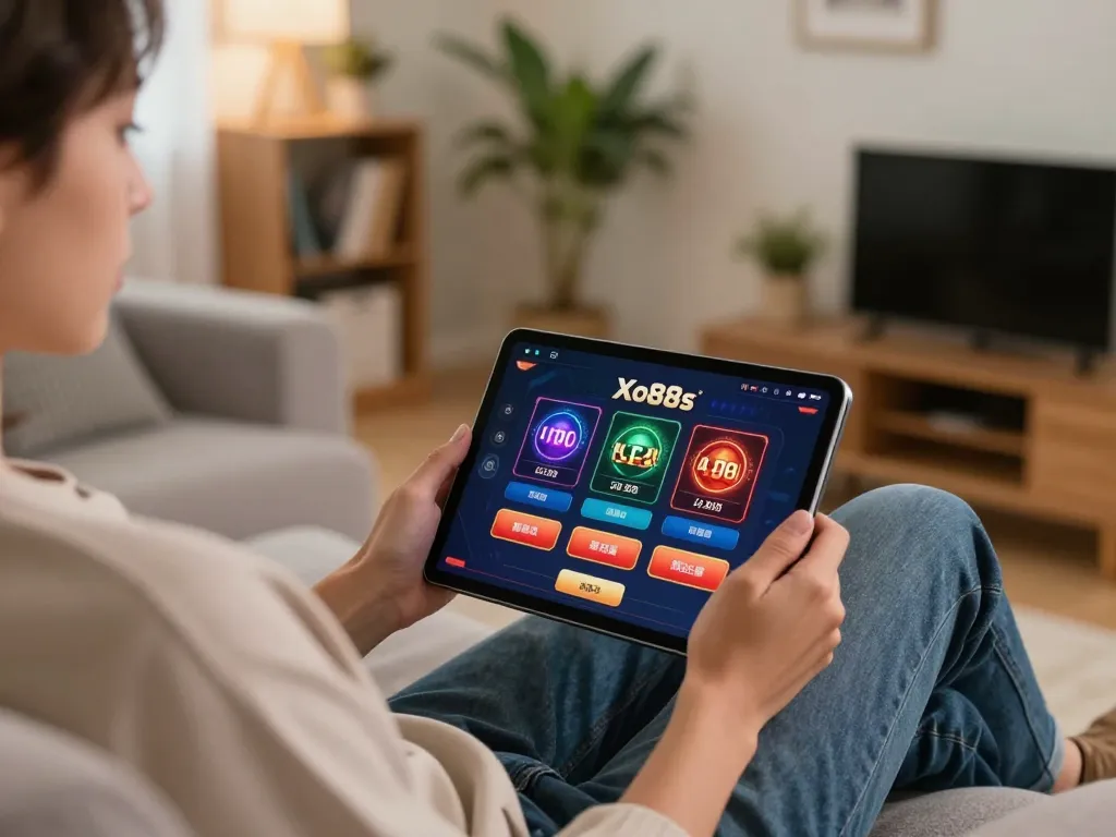 Enjoying online gaming on Xo88s platform in a cozy home setting with tablet and strategic notes.