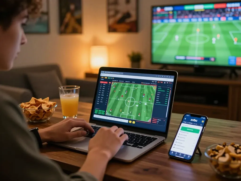 Xoilac online sports betting setup showing a player analyzing stats and placing bets.