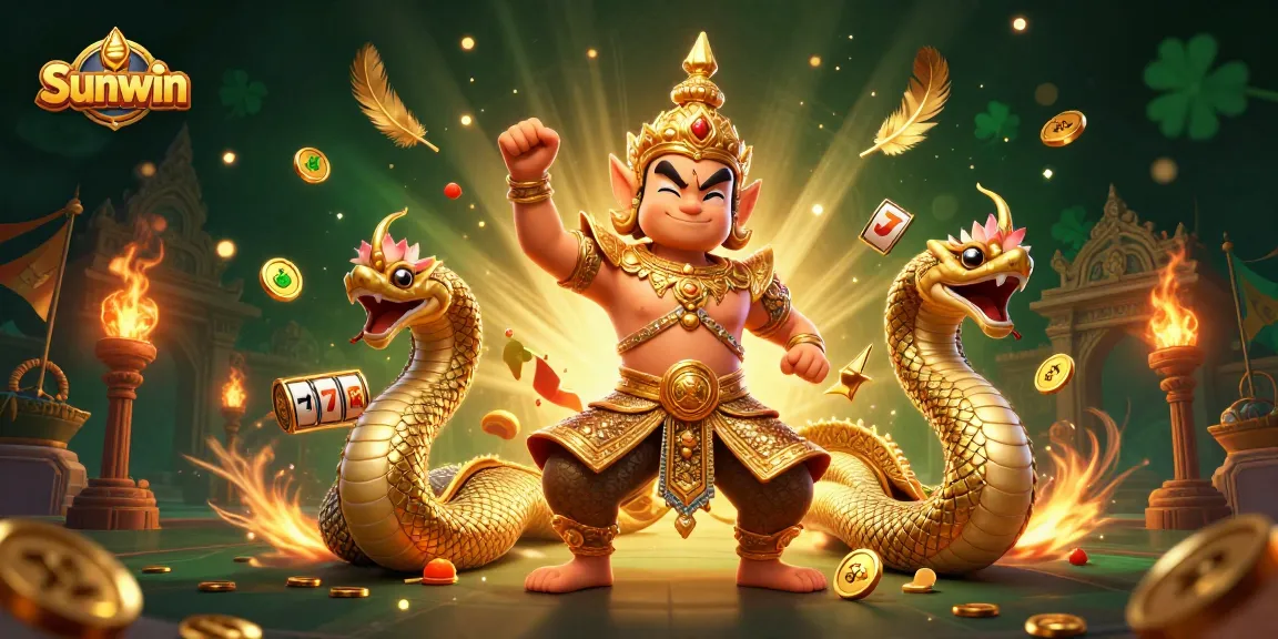 Experience thrilling gameplay at Sunwin with golden guardian characters and vibrant casino elements in this dynamic illustration.