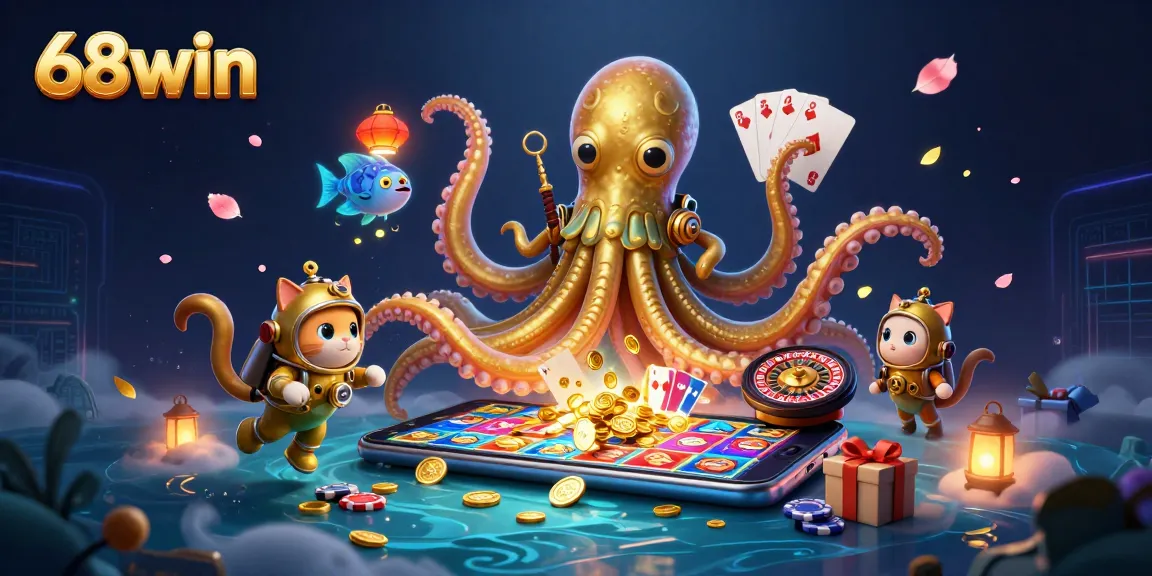 Spin and win big at 68win with an engaging scene featuring vibrant slot games and a kraken!