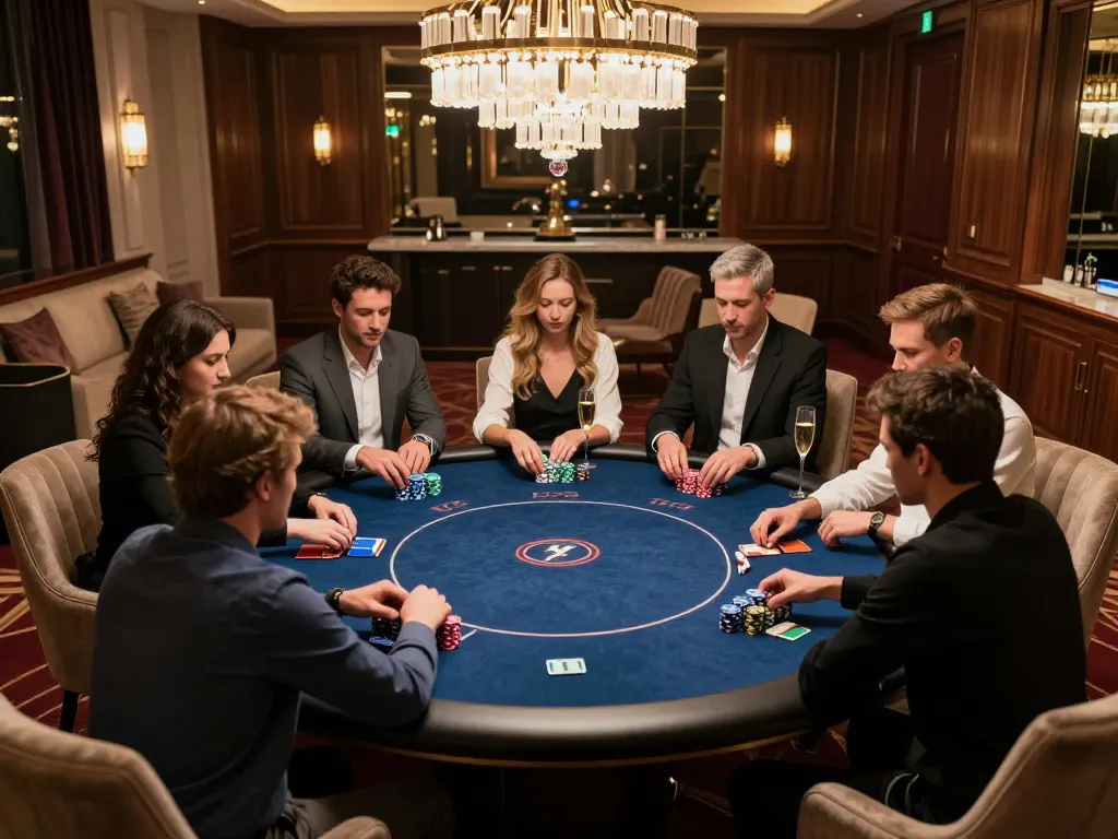 Players enjoying high-stakes poker in an upscale LC88VIP atmosphere, showcasing strategic gameplay and luxury.