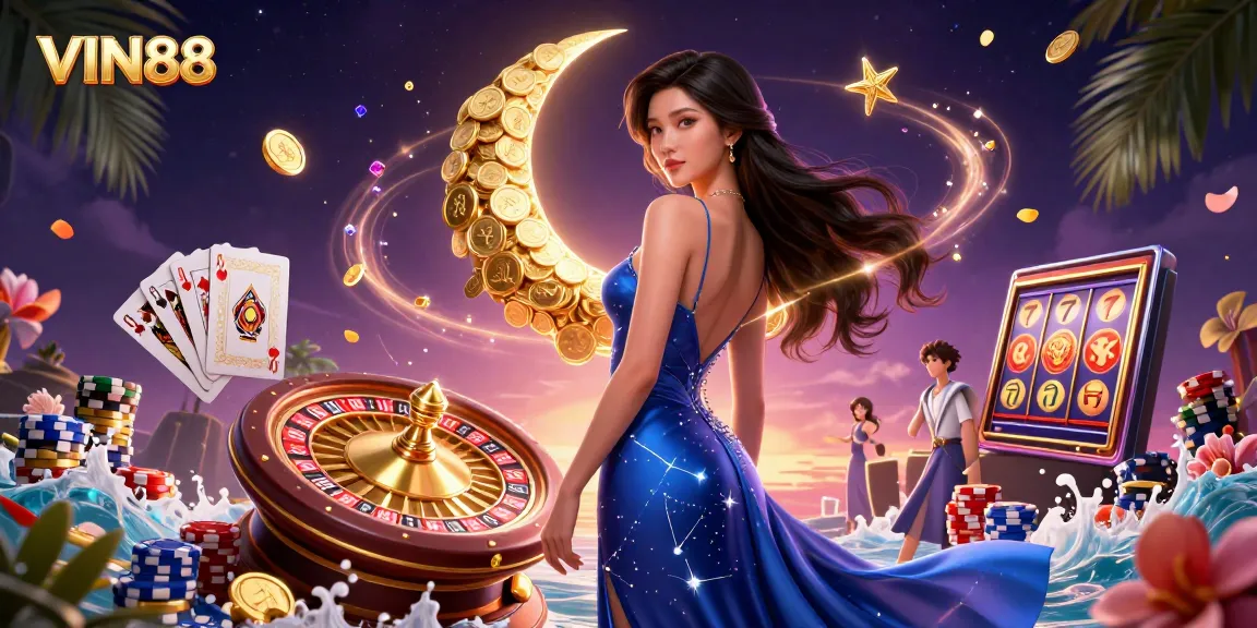 Experience the excitement of VIN88 with a stunning 3D casino illustration highlighting glamorous game elements.