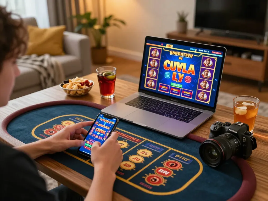 Engaging with itwshow, players enjoying online casino games on smartphone and laptop in cozy home setting