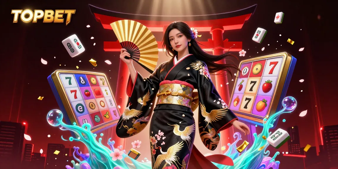 Engage with TOPBET in this vibrant 3D casino scene featuring slots and a beautiful Asian woman.