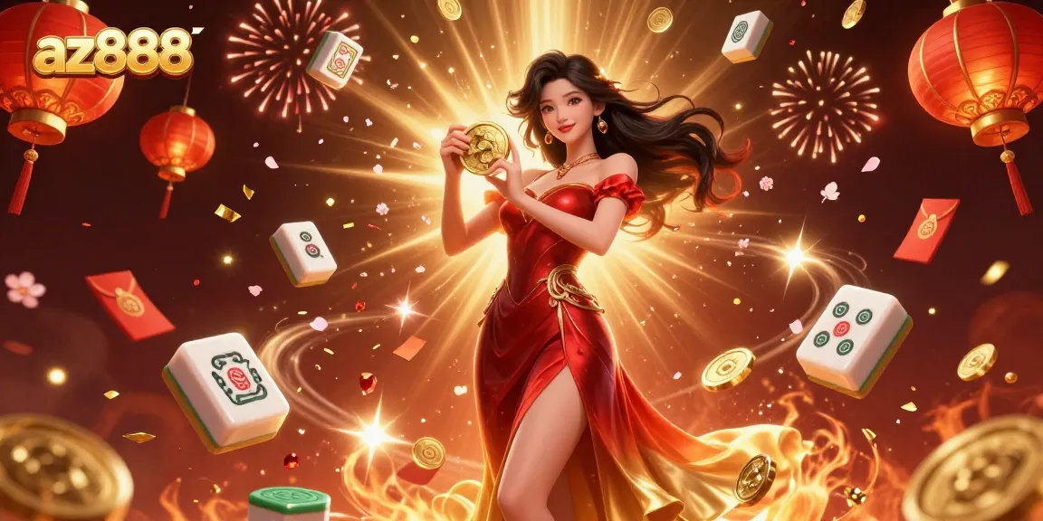 Experience the excitement of az888 with a glamorous Asian woman celebrating big wins amidst a shower of coins and vibrant casino elements.