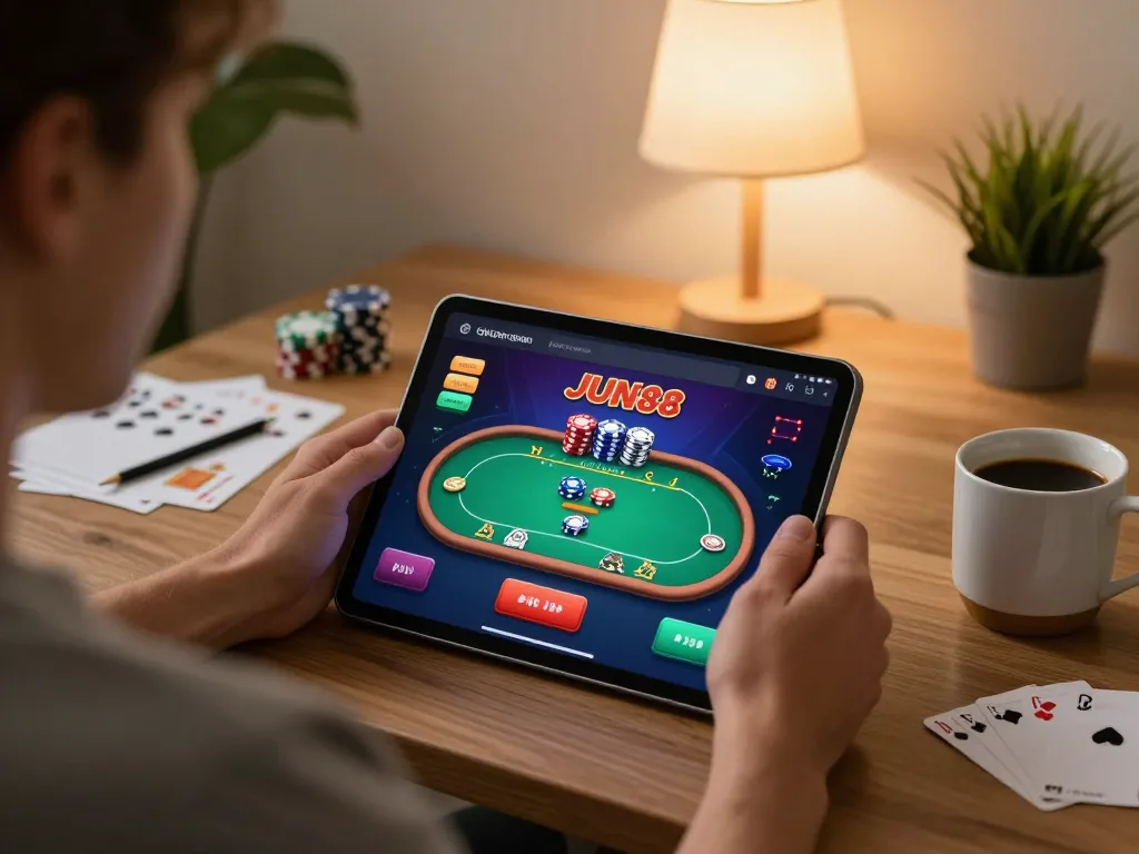 Player immersed in the JUN88 online poker game experience at home.