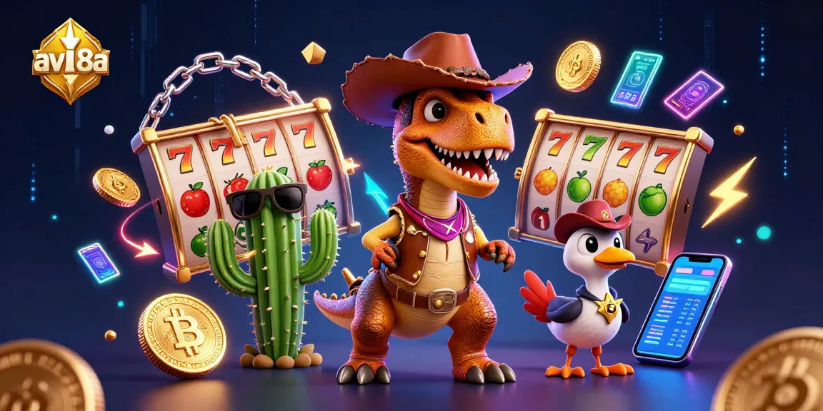 Engage in slots excitement with av88a's vibrant casino scene featuring a T-Rex and unique characters.