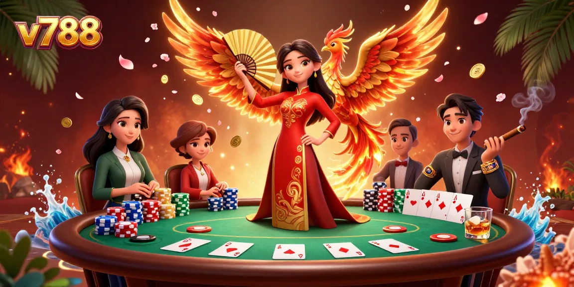 Engage in thrilling poker at v788 with vibrant 3D art featuring a Vietnamese ao dai and golden phoenix.