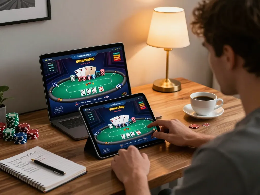 Engaging in poker gameplay on the sunwintop app from a cozy home setup with strategic notes visible.