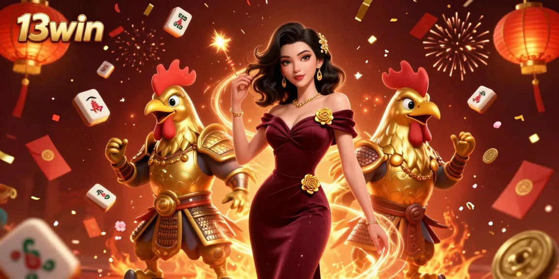 Experience thrilling gameplay at 13win with a glamorous scene of a warrior rooster amidst festive casino elements.