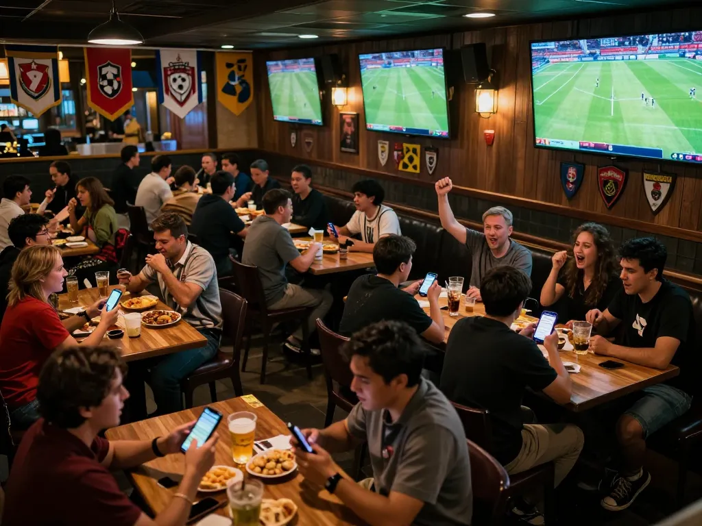 Socolive xem bóng đá with fans excitedly placing bets on live games in a vibrant sports bar atmosphere.