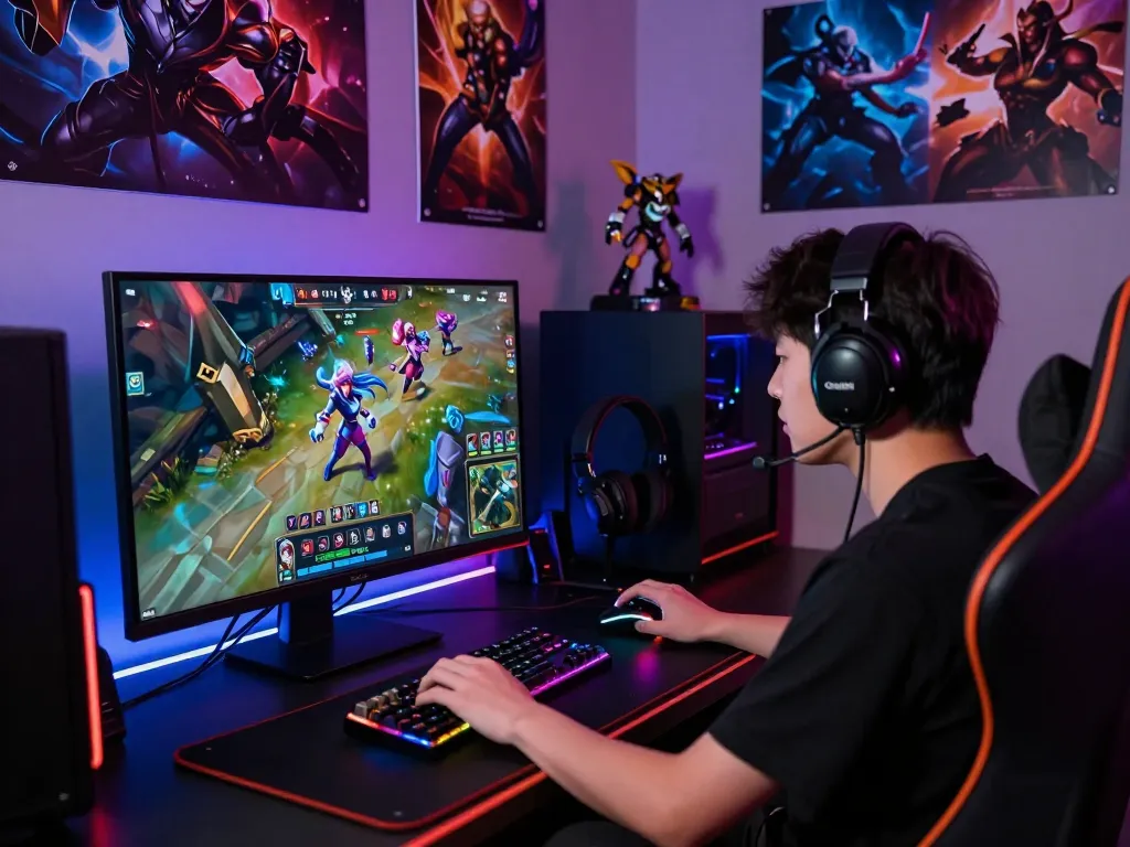 Player engaging with League of Legends skins on a high-tech gaming setup during gameplay
