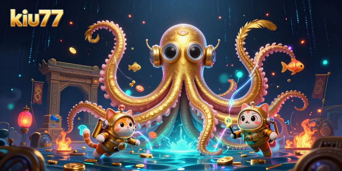 Engage with kiu77's dynamic ocean scene featuring a kraken, diving cat, and deep-sea creatures in a casino-themed illustration.