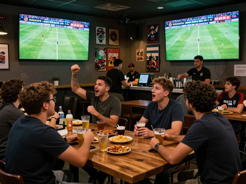 Socolive xem bóng đá as friends celebrate goals while watching a soccer match in a lively sports bar.