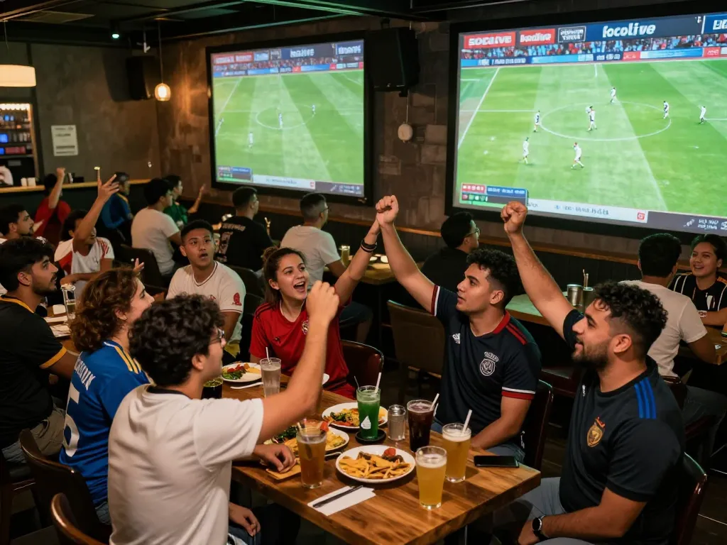 Socolive xem bóng đá fans passionately cheering during a live match in a lively sports bar.