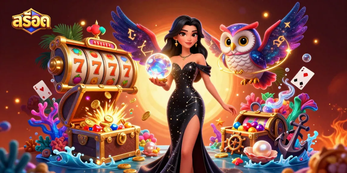 Immerse in the jackpots with สล็อต, a mystical casino scene featuring a woman, glowing crystal ball, and vibrant game elements.
