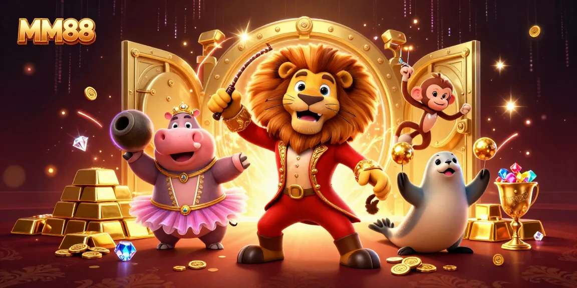 Experience exciting bets and jackpots with MM88's vibrant casino scene featuring lively characters.