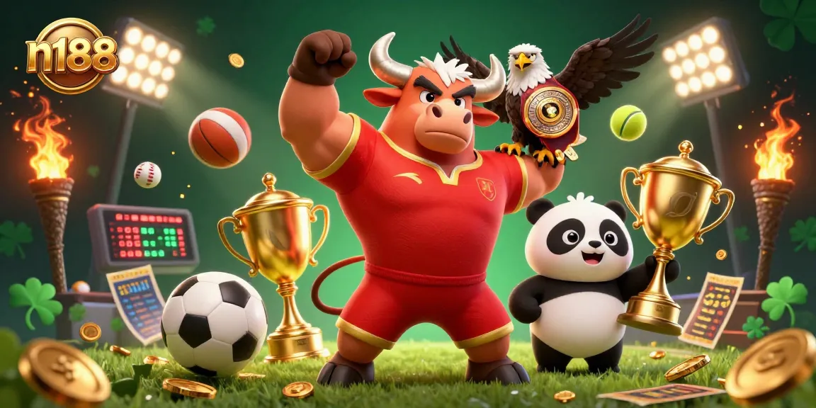 Win big with n188 as the champion bull mascot celebrates with trophy and sports elements.