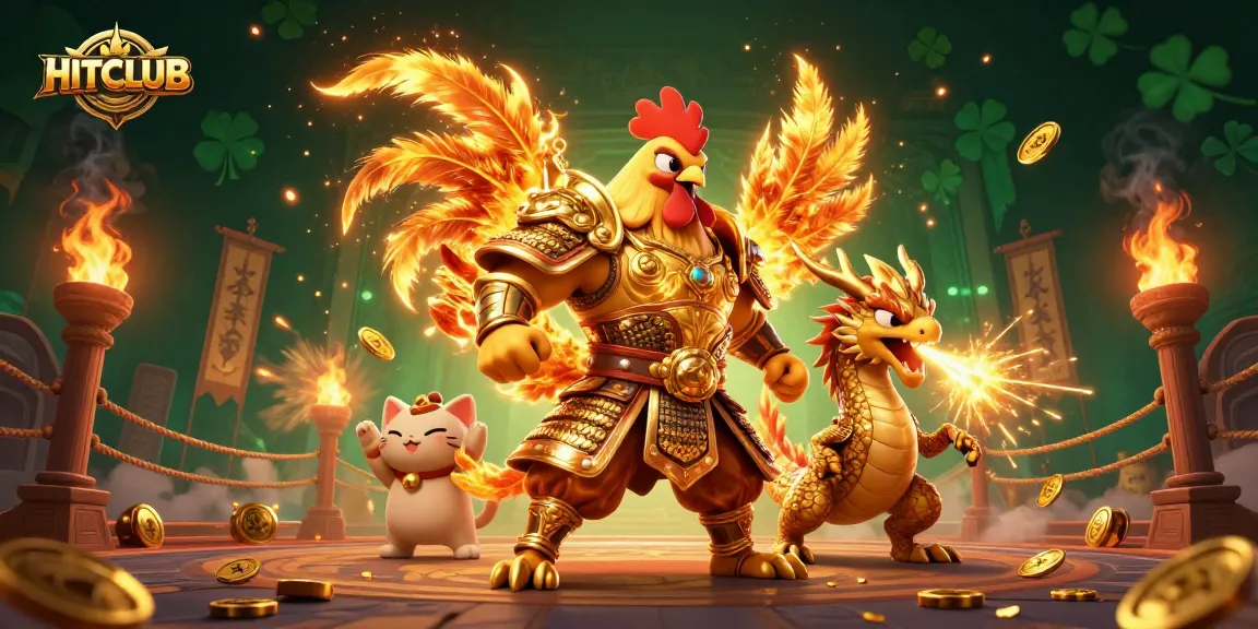 Experience thrilling action with HITCLUB's rooster warrior and dragon in an exciting gambling arena.