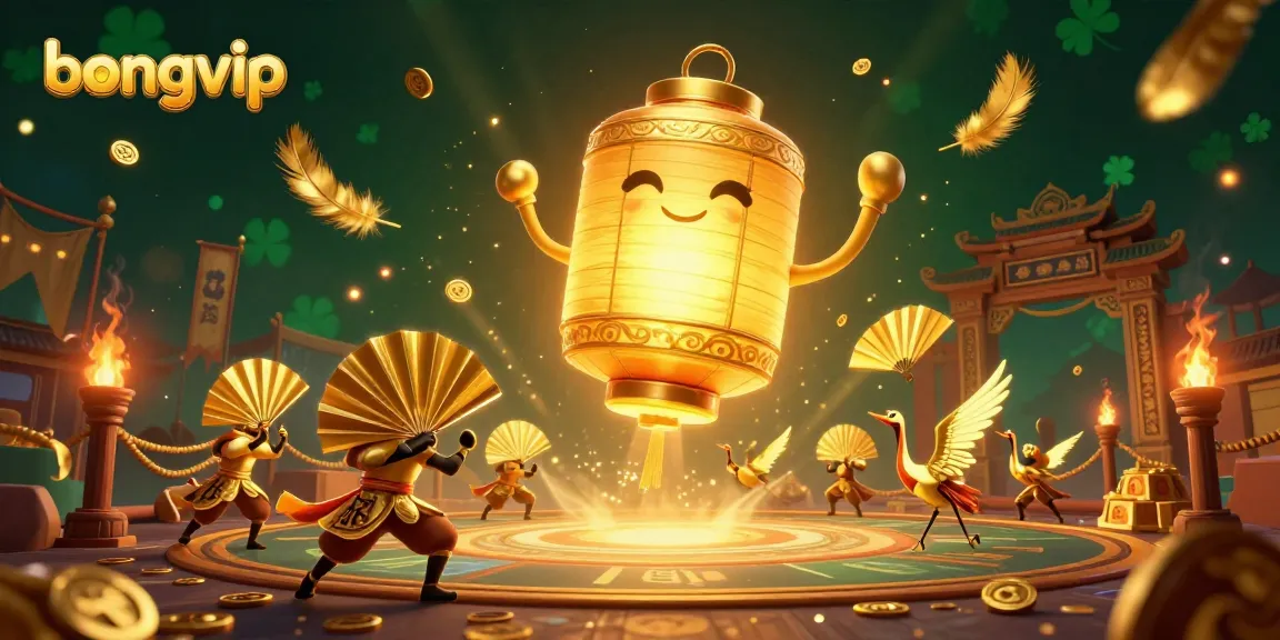 Bongvip's vibrant casino scene showcases a golden lantern spirit with warriors and lucky symbols amidst gaming excitement.