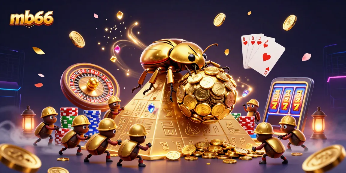 Watch mb66 transform gameplay with a golden beetle rolling coins, showcasing thrilling casino action.