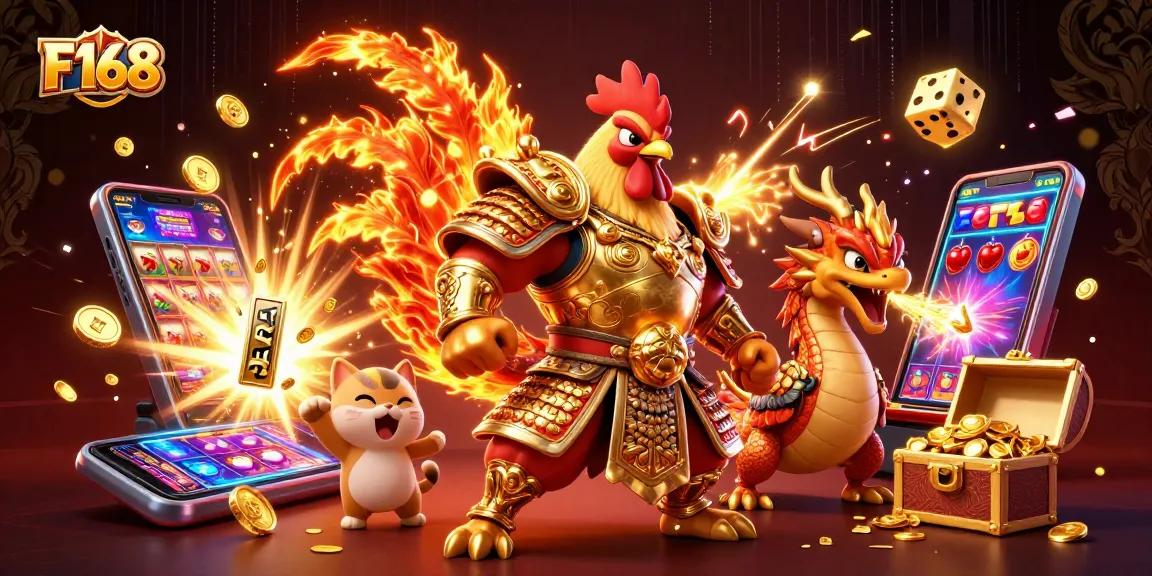 Experience F168's thrilling gaming with a vibrant 3D illustration including exciting slot machines and bonus features.