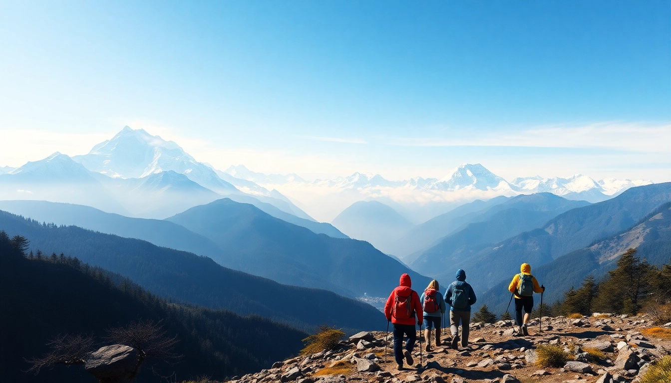 Group of trekkers on the sandakphu trek with snow-capped mountains in the background related image