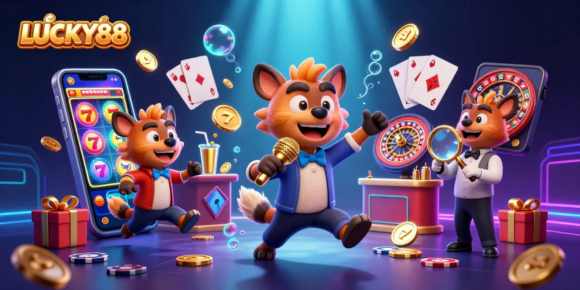 Spin the reels with LUCKY88 as playful hyenas entertain in a vibrant casino scene.