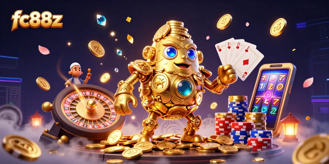 Engage in thrilling casino action with fc88z, featuring a golden golem made of coins and vibrant game elements.