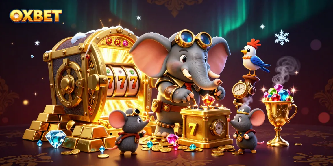 Engage with OXBET's vibrant casino atmosphere featuring a steampunk elephant and golden treasures.