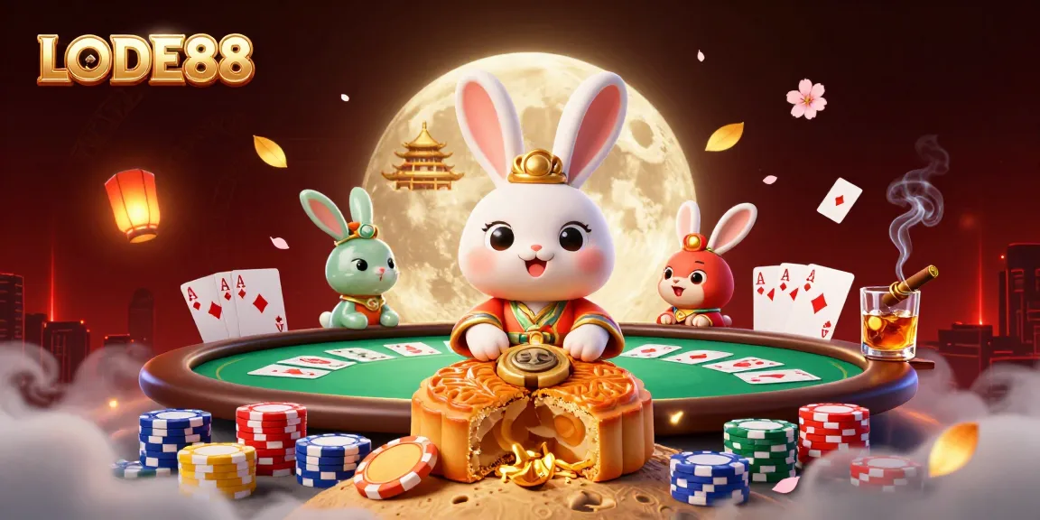 Engage with LODE88's vibrant gaming scene where a moon rabbit reveals poker chips in a rich casino environment.