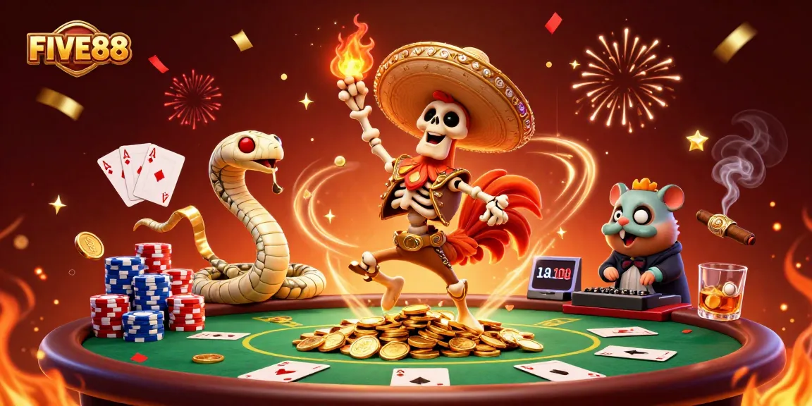 Join the fiesta at FIVE88 with a lively 3D scene of colorful characters and poker excitement.