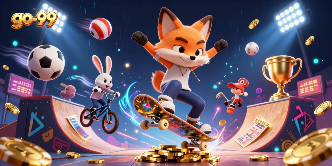Experience the energy of go-99 with a vibrant 3D casino scene featuring dynamic characters and gaming elements.